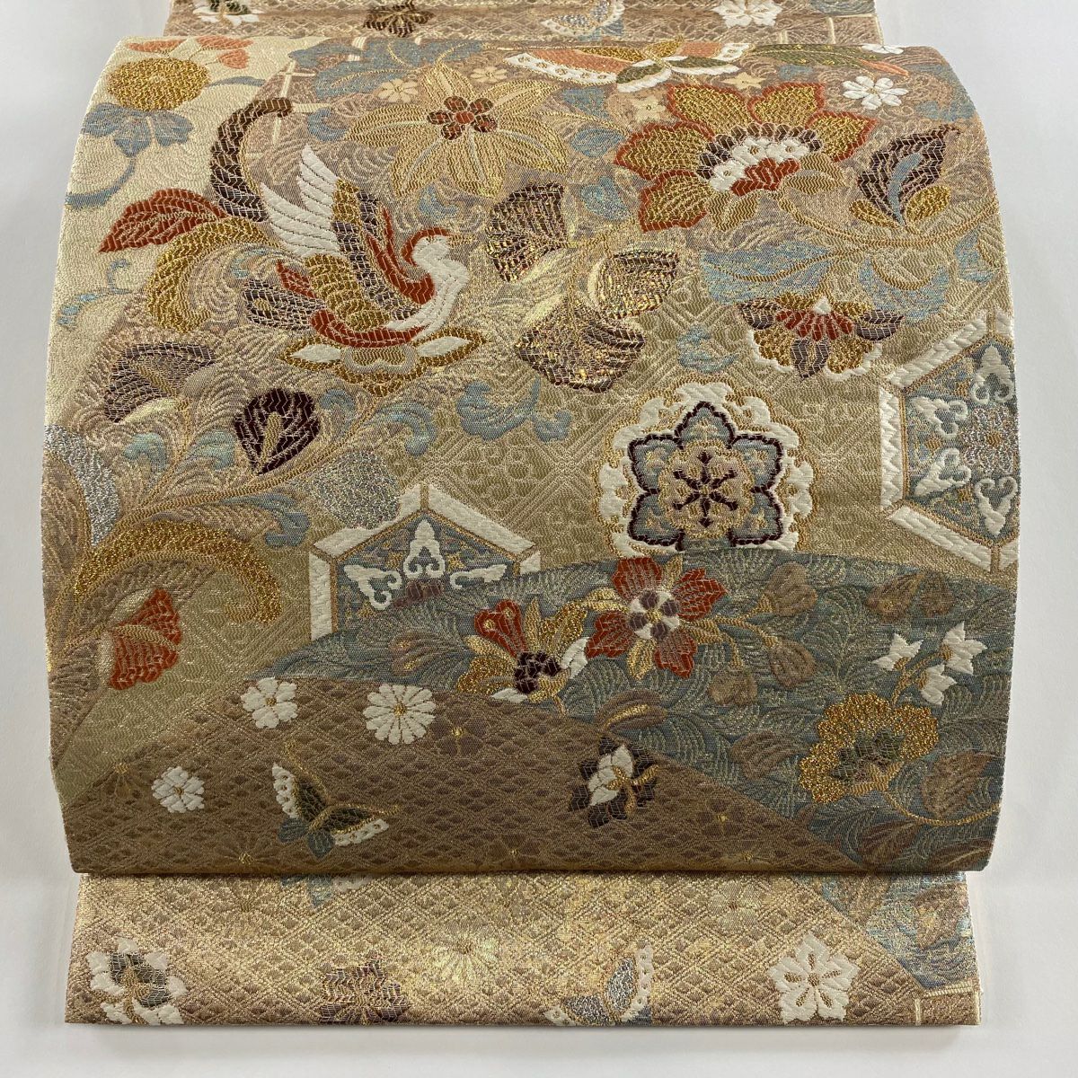 袋帶 秀品級 鳥蝶地紋 華紋 金糸 金金箔 灰茶 六通 純蠶絲