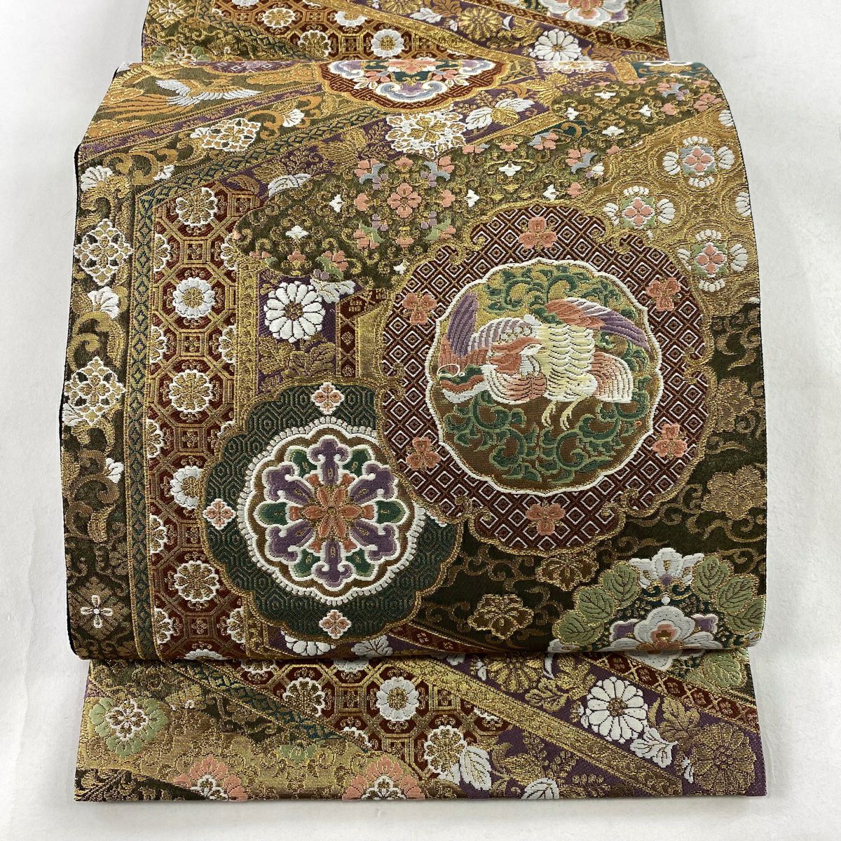 【庫存清倉】 【美品】 袋帶 名品級 じゅらく 有落款 華紋 花鳥 唐織 金絲 金色 六通 純蠶絲