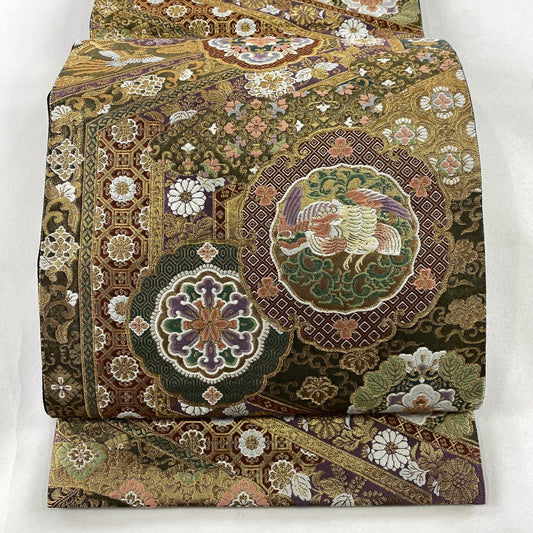 【庫存清倉】 【美品】 袋帶 名品級 じゅらく 有落款 華紋 花鳥 唐織 金絲 金色 六通 純蠶絲