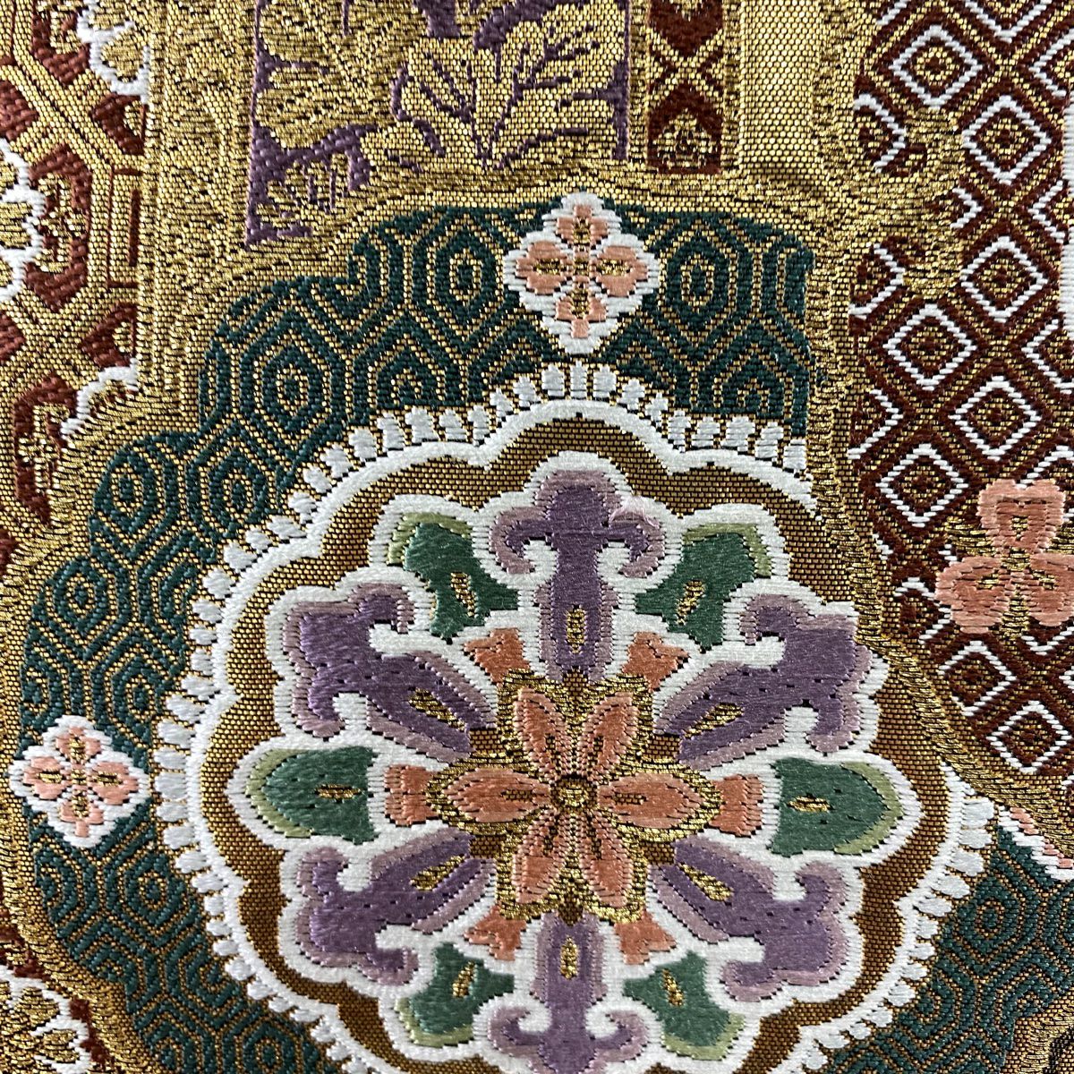 【庫存清倉】 【美品】 袋帶 名品級 じゅらく 有落款 華紋 花鳥 唐織 金絲 金色 六通 純蠶絲