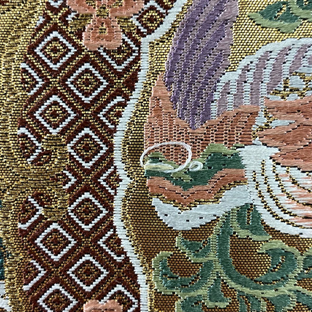 【庫存清倉】 【美品】 袋帶 名品級 じゅらく 有落款 華紋 花鳥 唐織 金絲 金色 六通 純蠶絲