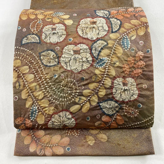 【庫存清倉】 【美品】 袋帶 名品級 附落款 辻花染 銀線 金金箔 淺茶 深色 お太鼓圖案 純蠶絲