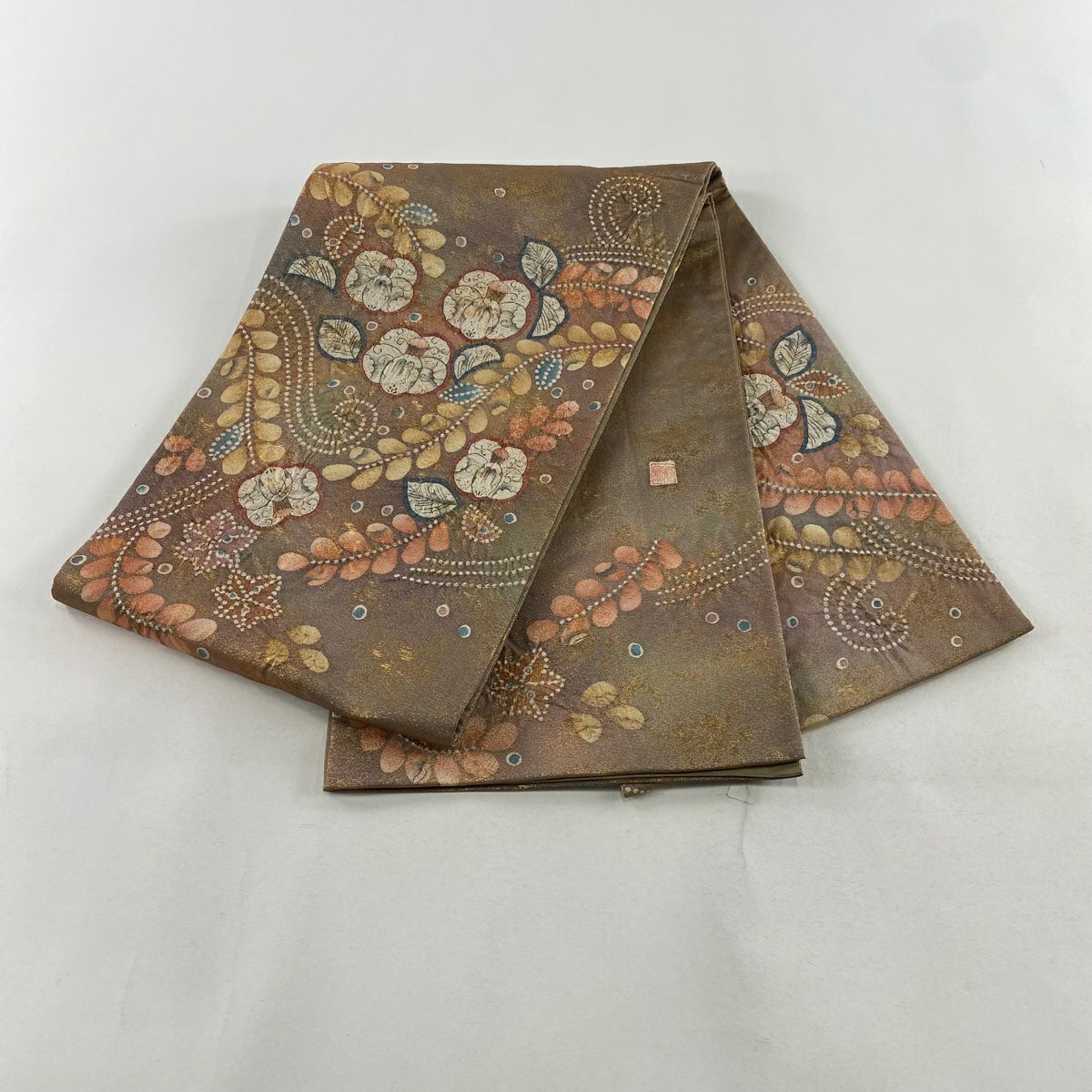 【庫存清倉】 【美品】 袋帶 名品級 附落款 辻花染 銀線 金金箔 淺茶 深色 お太鼓圖案 純蠶絲