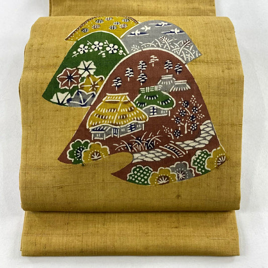 【庫存清倉】 開口名古屋帶 名品級 紬織織 山 家屋 黃土 純蠶絲
