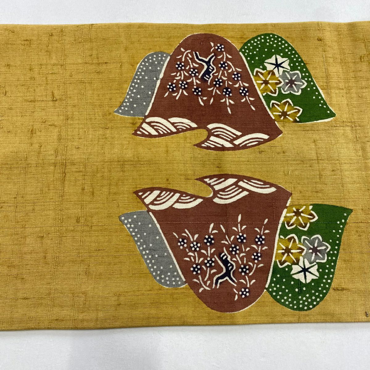【庫存清倉】 開口名古屋帶 名品級 紬織織 山 家屋 黃土 純蠶絲