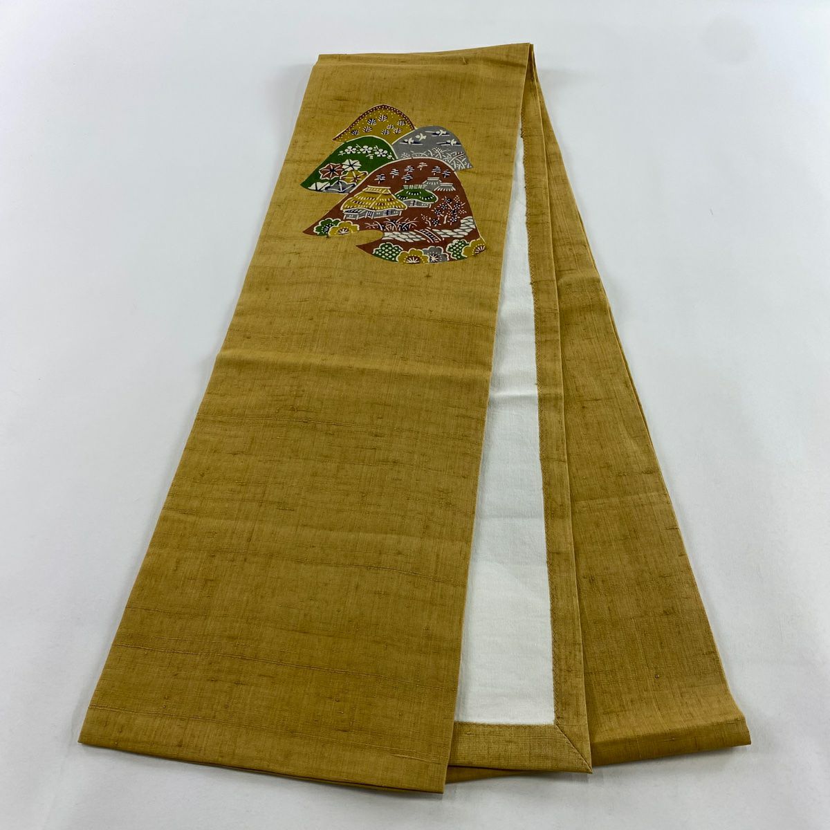 【庫存清倉】 開口名古屋帶 名品級 紬織織 山 家屋 黃土 純蠶絲