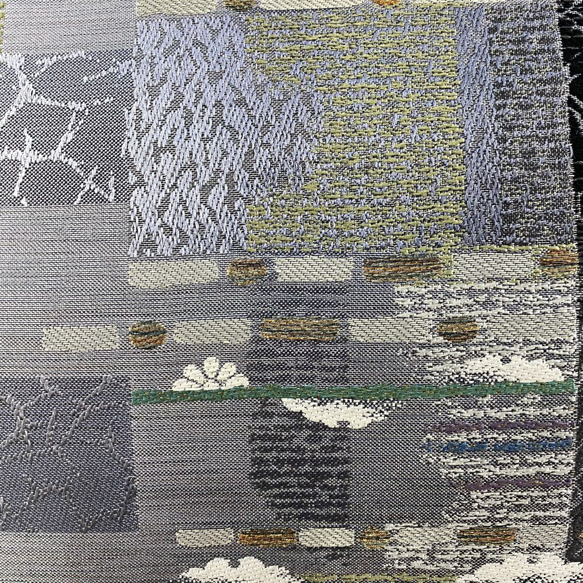 【庫存清倉】 【美品】 袋帶 名品級 大和 幾何圖案 霞 金銀彩 刺繡 灰色 六通 純蠶絲