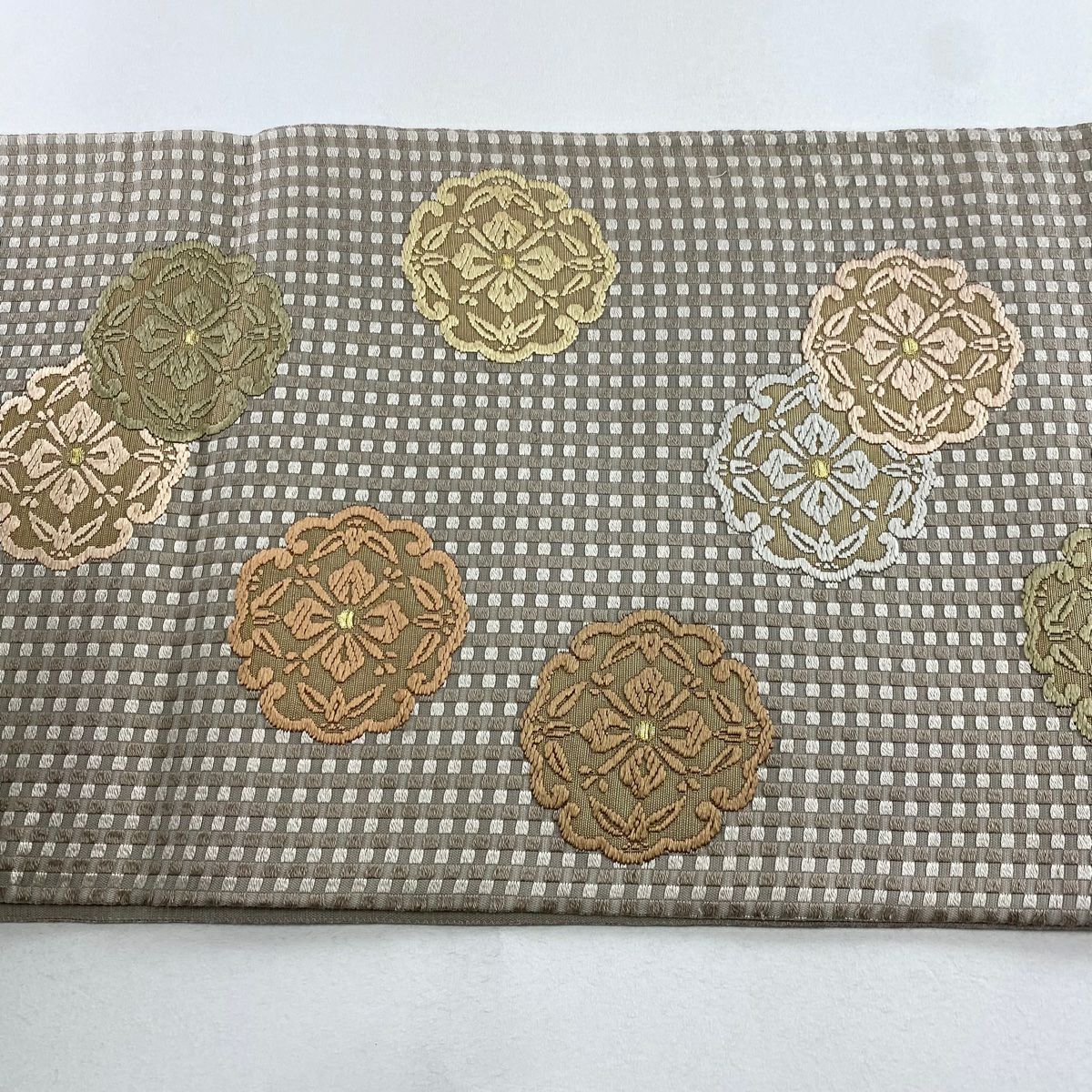 【庫存清倉】 袋帶 名品級 華紋 格子 金絲 灰茶 六通 純蠶絲