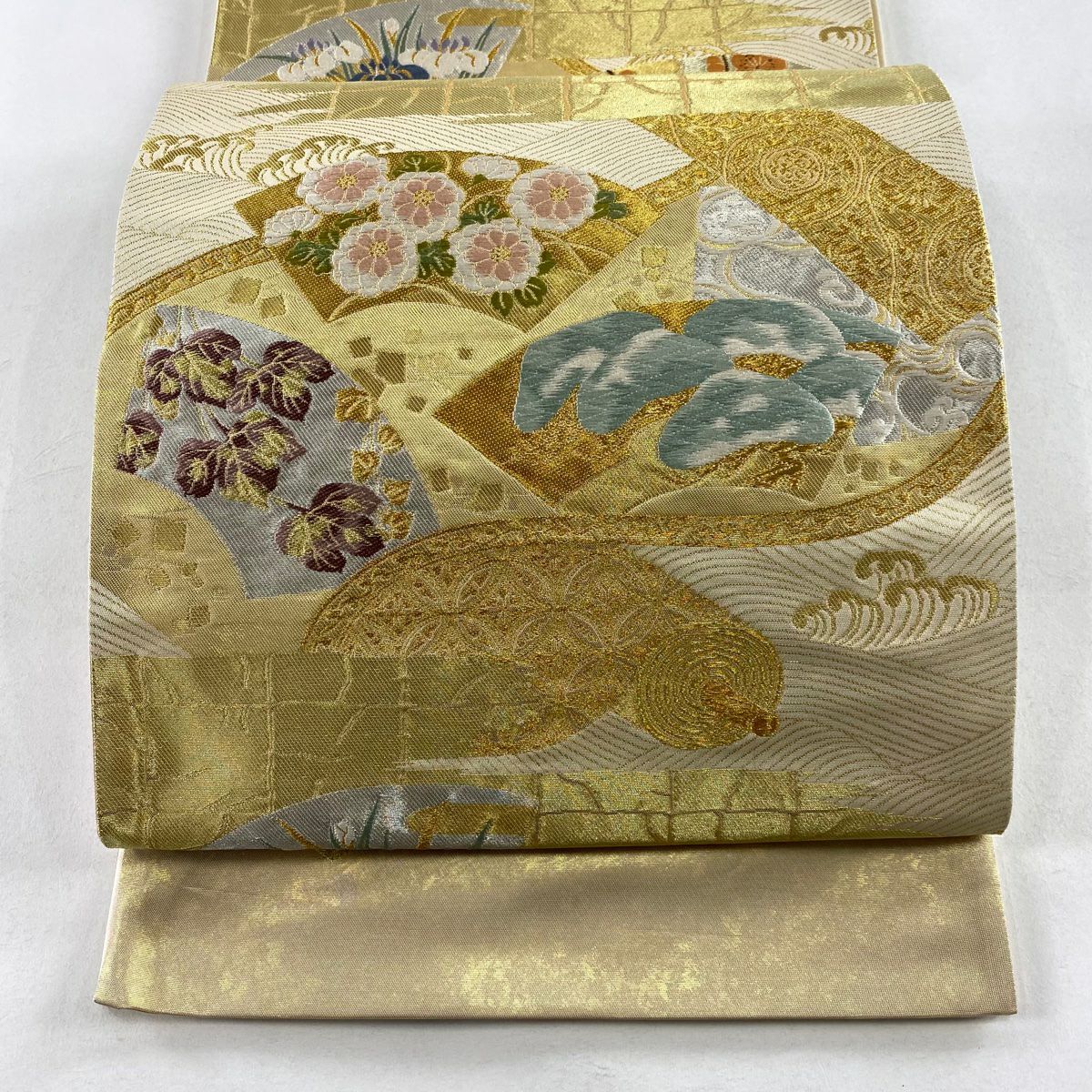 【庫存清倉】 【美品】 袋帶 名品級 附有落款 附有證書 本家加納 扇子面 仙鶴 金銀線 金金箔 金色 六通 純蠶絲