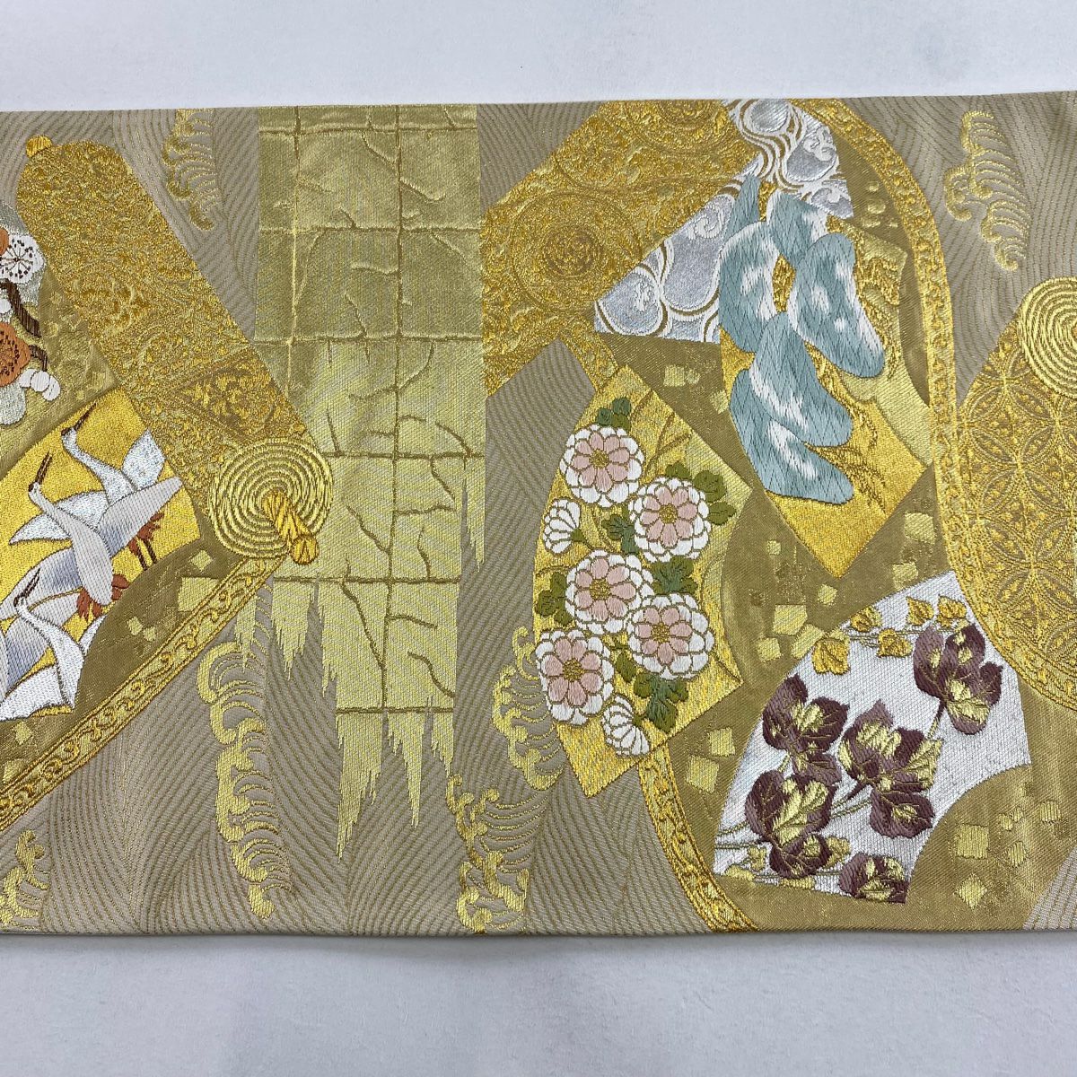 【庫存清倉】 【美品】 袋帶 名品級 附有落款 附有證書 本家加納 扇子面 仙鶴 金銀線 金金箔 金色 六通 純蠶絲