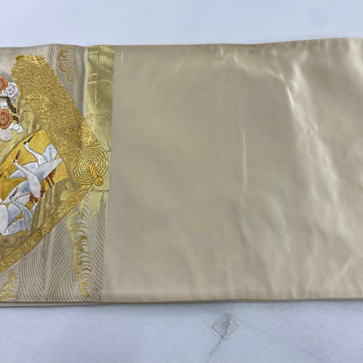 【庫存清倉】 【美品】 袋帶 名品級 附有落款 附有證書 本家加納 扇子面 仙鶴 金銀線 金金箔 金色 六通 純蠶絲