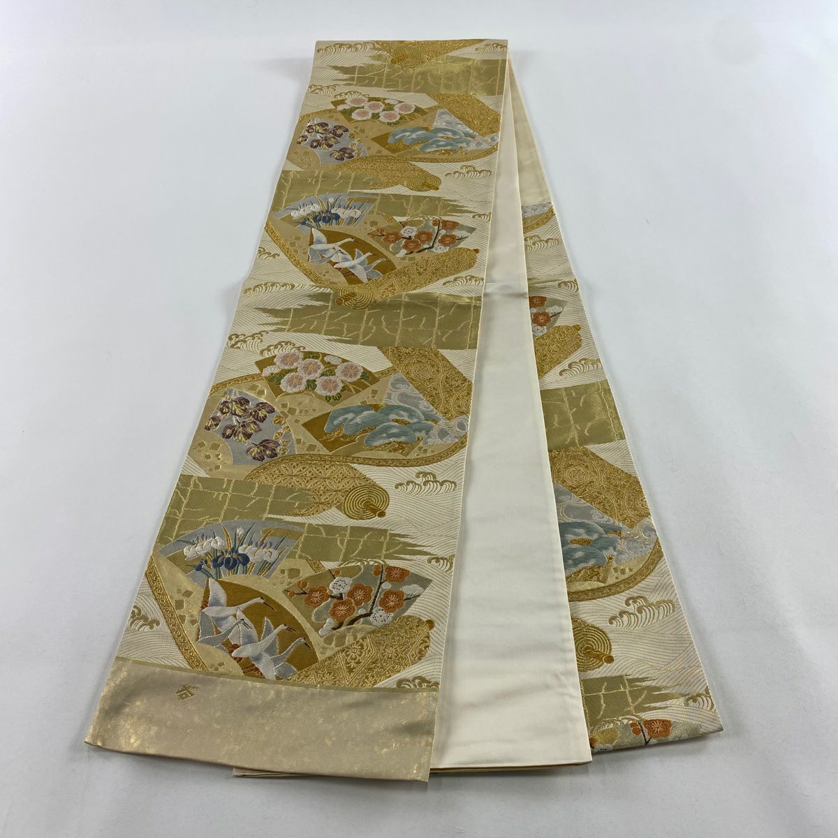 【庫存清倉】 【美品】 袋帶 名品級 附有落款 附有證書 本家加納 扇子面 仙鶴 金銀線 金金箔 金色 六通 純蠶絲