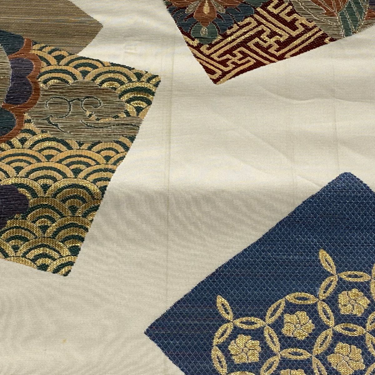 袋帶 逸品級 じゅらく 落款 花菱 鳥 刺繡 金銀彩 米色 六通 純蠶絲