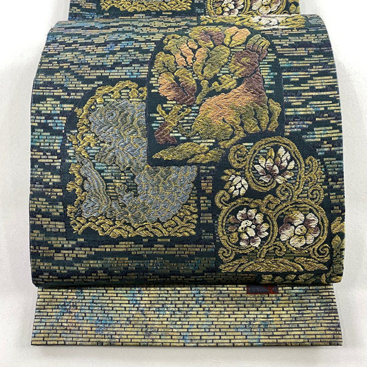 【庫存清倉】 【美品】 袋帶 名品級 附落款 花兔 花唐草紋 金絲 金金箔 青綠 六通 純蠶絲