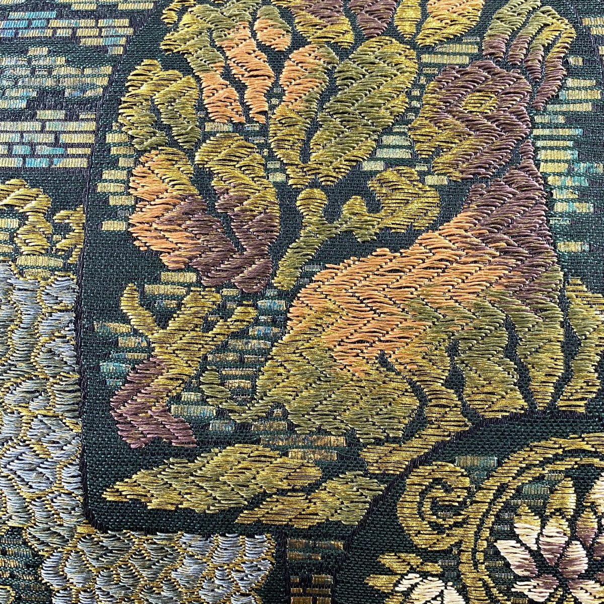 【庫存清倉】 【美品】 袋帶 名品級 附落款 花兔 花唐草紋 金絲 金金箔 青綠 六通 純蠶絲