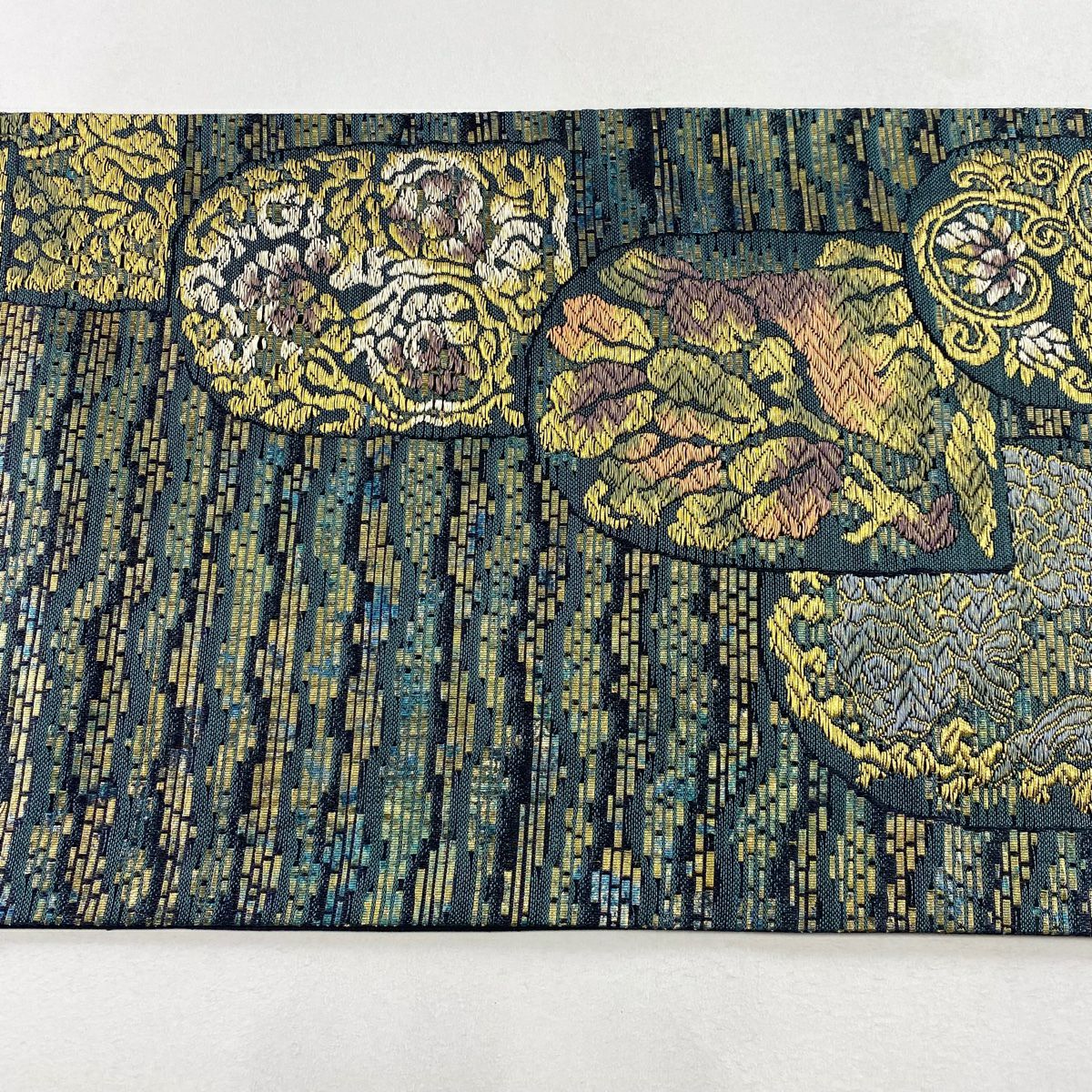 【庫存清倉】 【美品】 袋帶 名品級 附落款 花兔 花唐草紋 金絲 金金箔 青綠 六通 純蠶絲