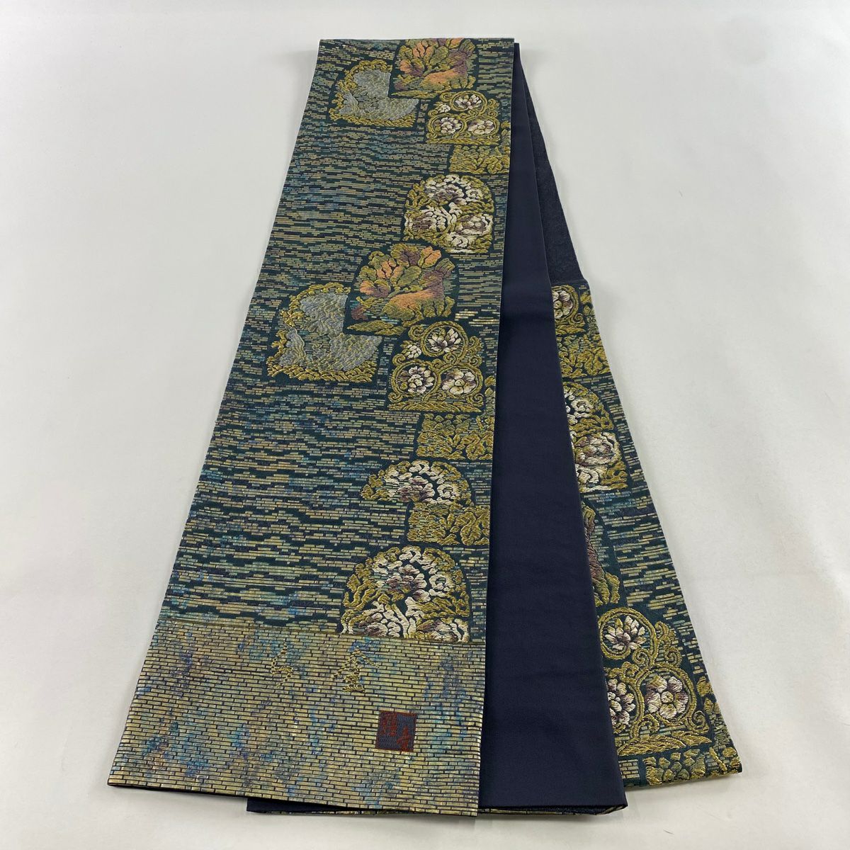 【庫存清倉】 【美品】 袋帶 名品級 附落款 花兔 花唐草紋 金絲 金金箔 青綠 六通 純蠶絲