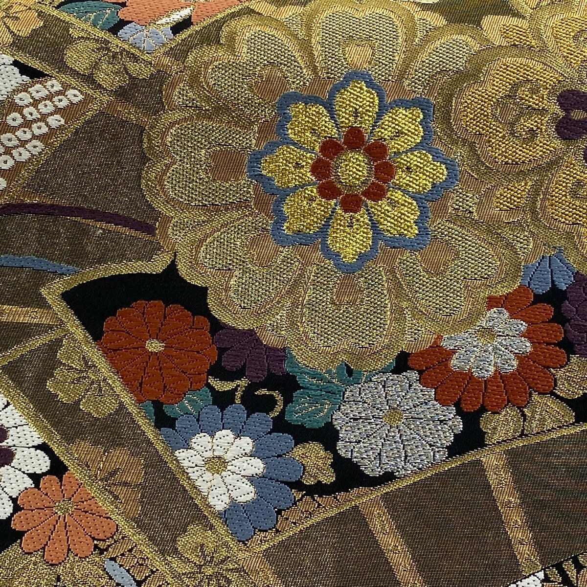 【美品】 袋帶 秀品級 扇子面花華紋 金絲 金金箔 金 六通 純蠶絲