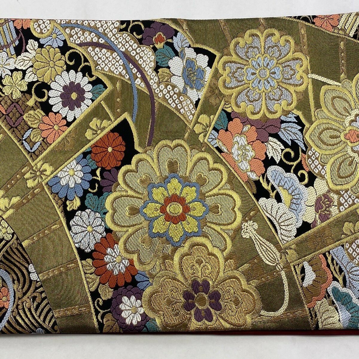 【美品】 袋帶 秀品級 扇子面花華紋 金絲 金金箔 金 六通 純蠶絲