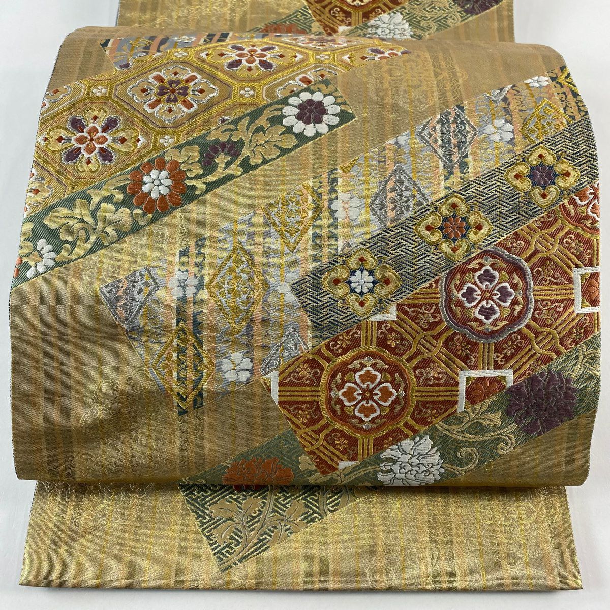 【美品】 袋帶 秀品級 蜀江華紋 縞 金銀糸 金金箔 金色 六通 純蠶絲