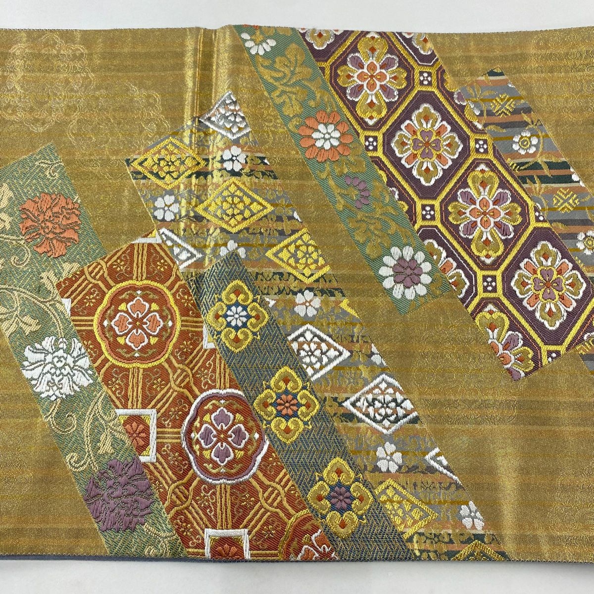 【美品】 袋帶 秀品級 蜀江華紋 縞 金銀糸 金金箔 金色 六通 純蠶絲