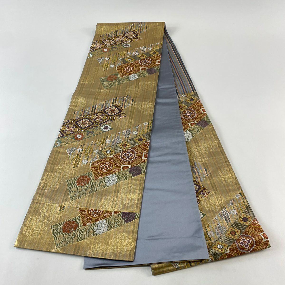 【美品】 袋帶 秀品級 蜀江華紋 縞 金銀糸 金金箔 金色 六通 純蠶絲