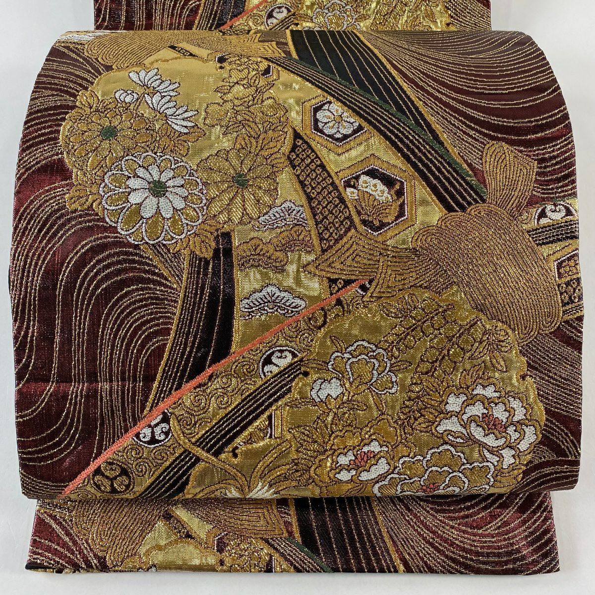 【美品】 袋帶 秀品級 束熨斗紋 花丸紋 金絲 金金箔 深紅 六通 純蠶絲