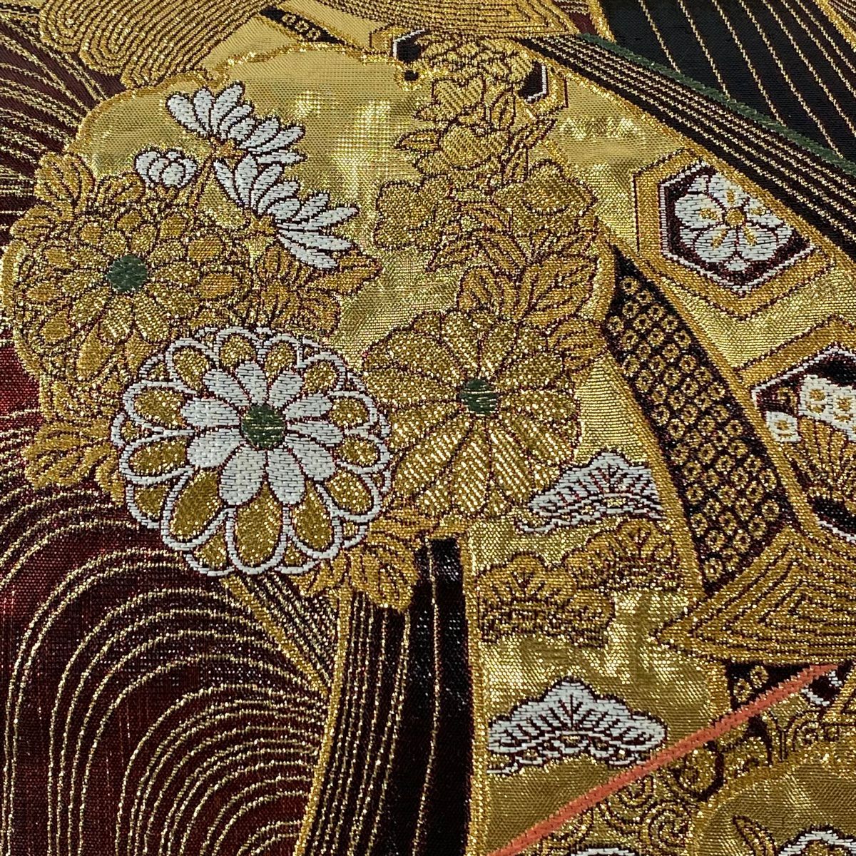 【美品】 袋帶 秀品級 束熨斗紋 花丸紋 金絲 金金箔 深紅 六通 純蠶絲
