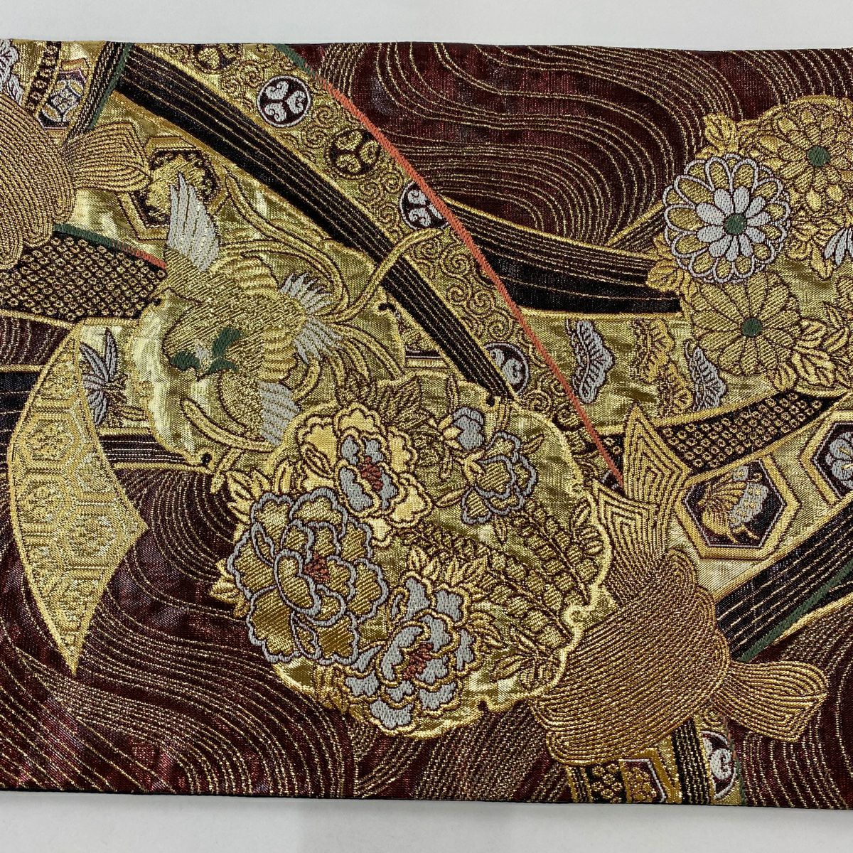 【美品】 袋帶 秀品級 束熨斗紋 花丸紋 金絲 金金箔 深紅 六通 純蠶絲