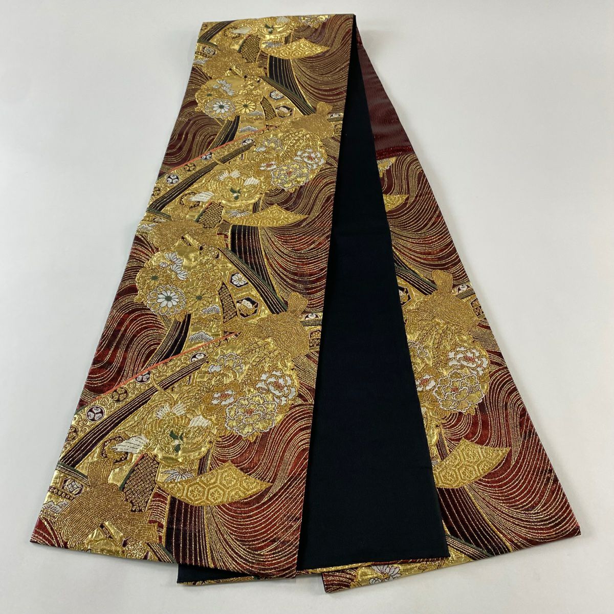 【美品】 袋帶 秀品級 束熨斗紋 花丸紋 金絲 金金箔 深紅 六通 純蠶絲