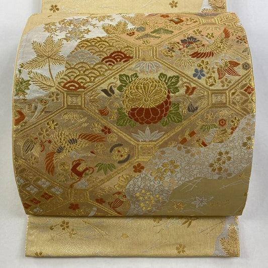 袋帶 秀品級 蜀江文 花鳥 唐織 金金箔 金色 六通 純蠶絲