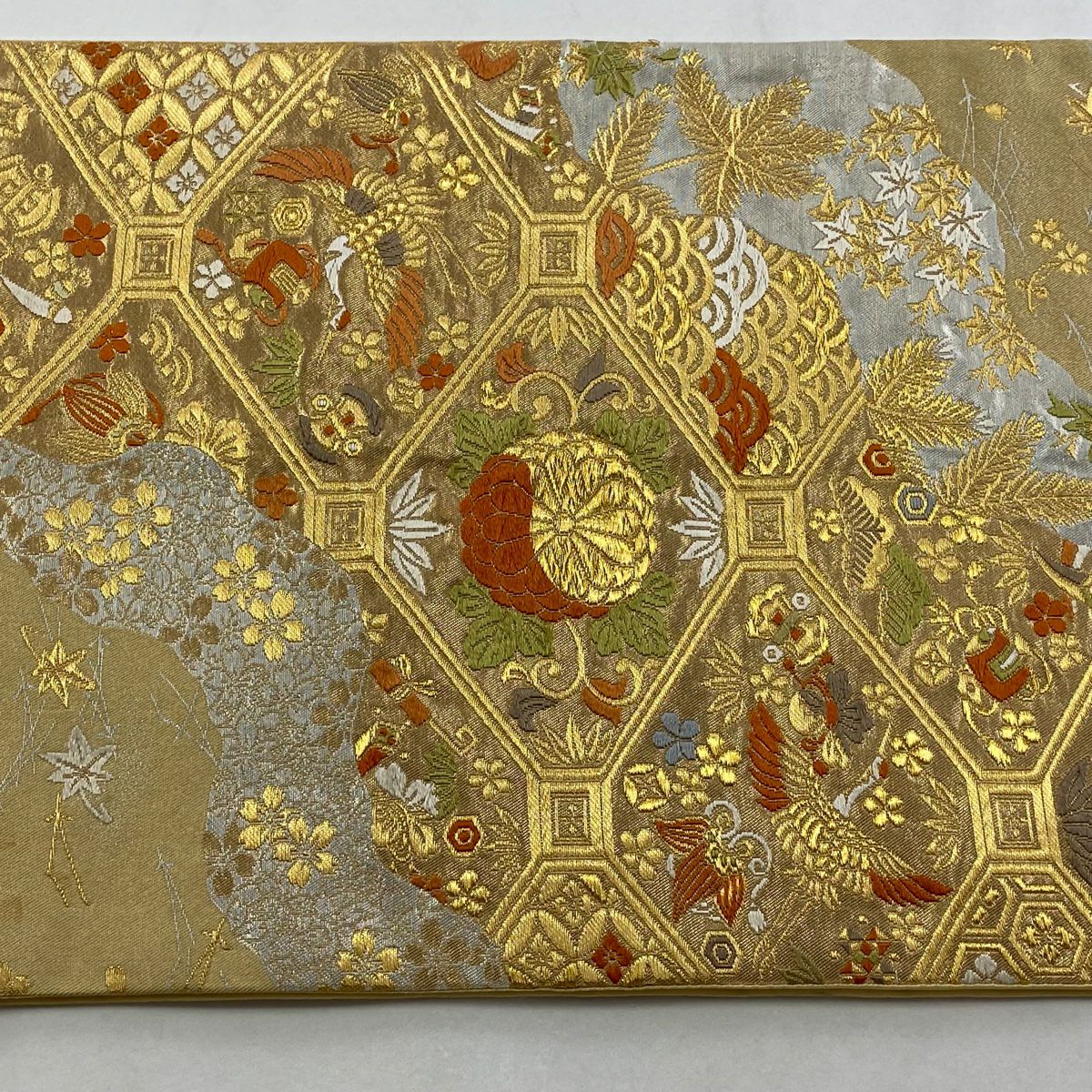 袋帶 秀品級 蜀江文 花鳥 唐織 金金箔 金色 六通 純蠶絲