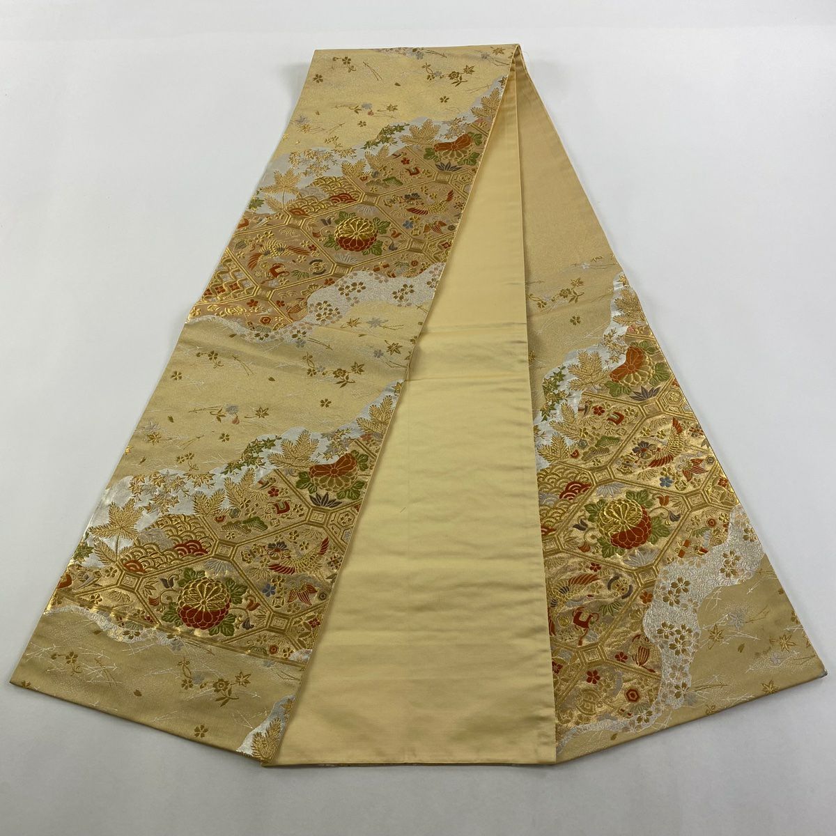 袋帶 秀品級 蜀江文 花鳥 唐織 金金箔 金色 六通 純蠶絲