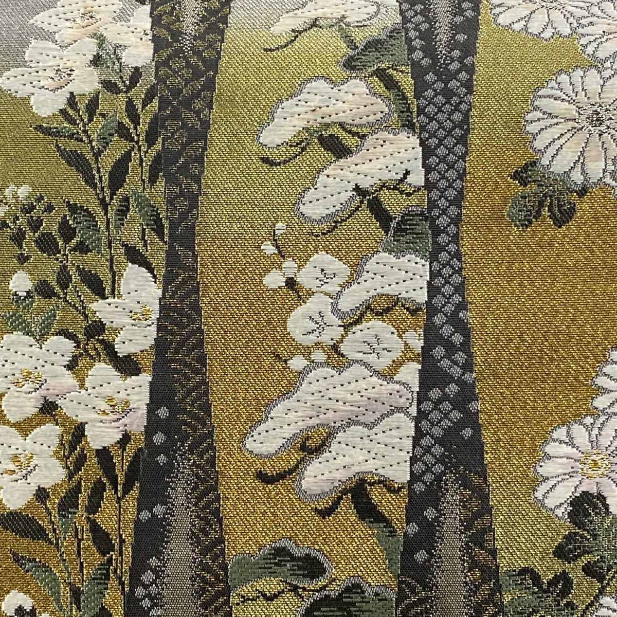 【美品】 袋帶 秀品級 菊花 流水 金絲 金金箔 灰色 六通 純蠶絲