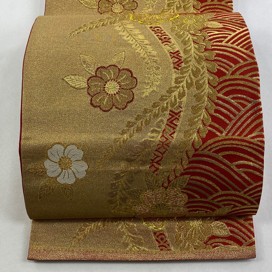 袋帶 秀品級 草花紋紋 波紋 金絲 金金箔 金色 六通 純蠶絲