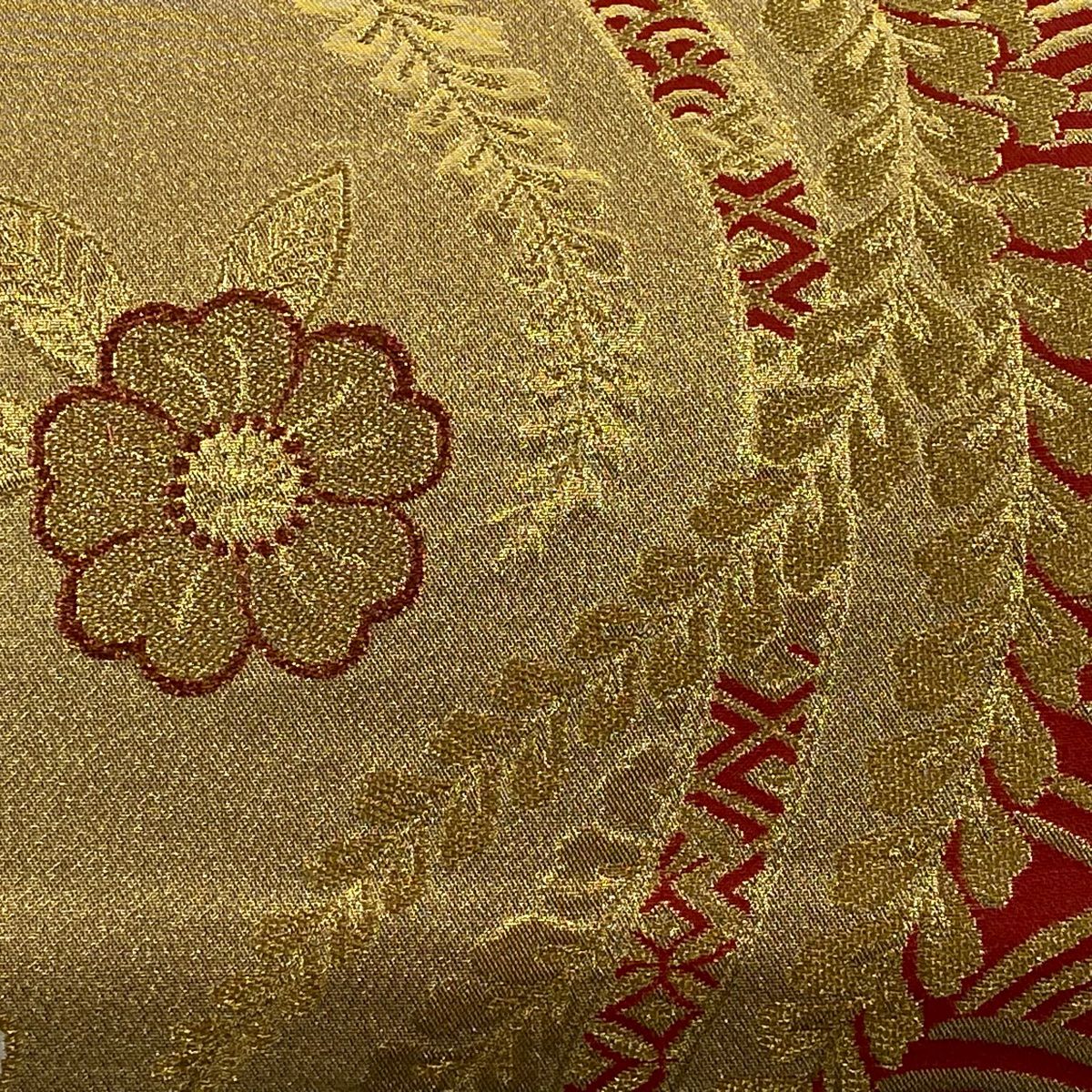 袋帶 秀品級 草花紋紋 波紋 金絲 金金箔 金色 六通 純蠶絲