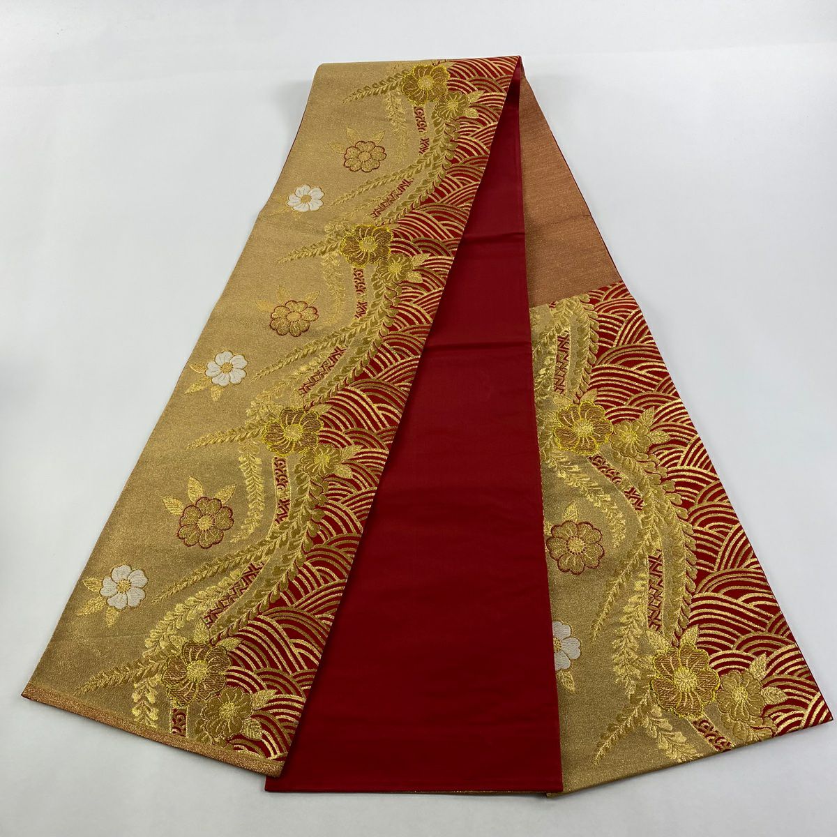 袋帶 秀品級 草花紋紋 波紋 金絲 金金箔 金色 六通 純蠶絲