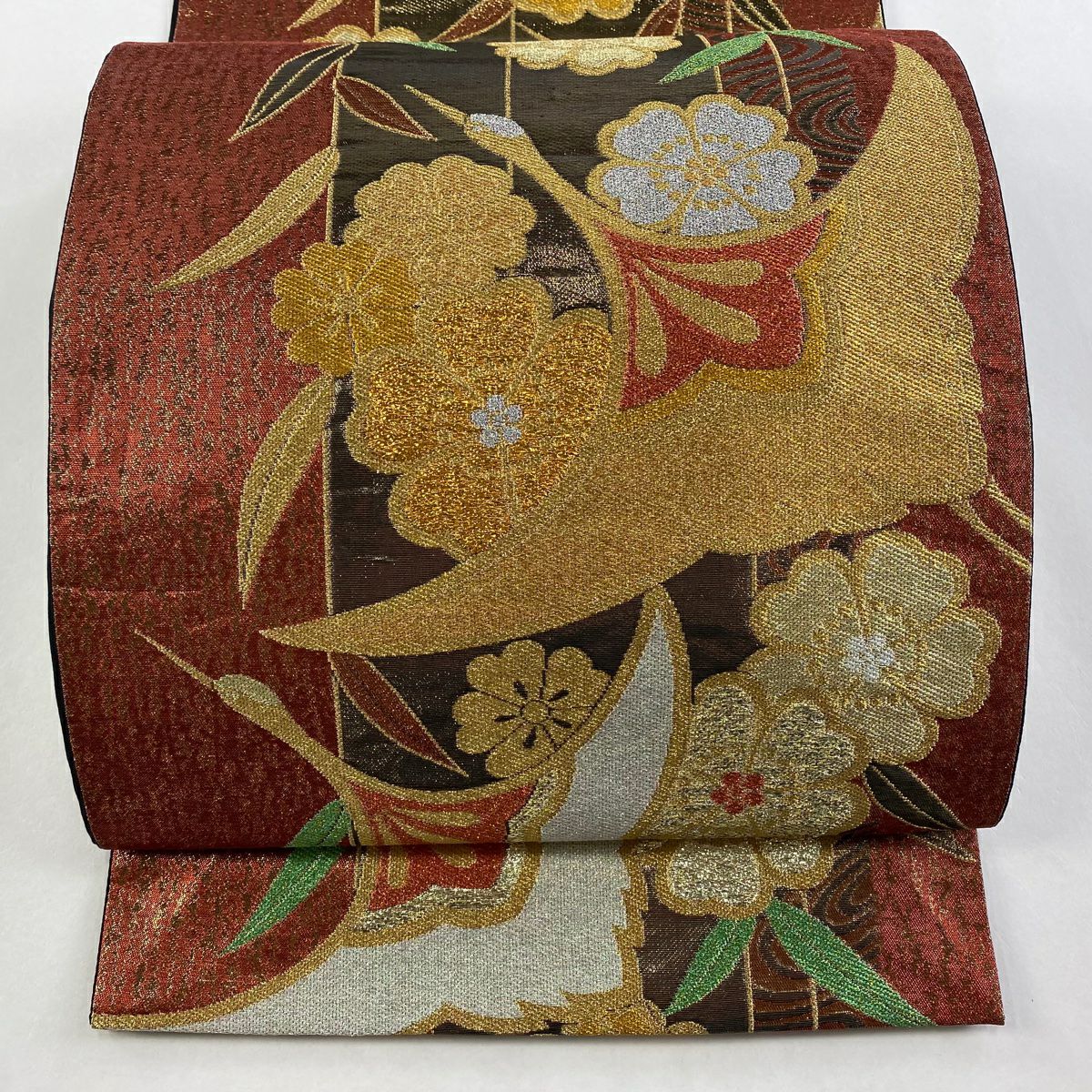 【美品】 袋帶 秀品級 仙鶴 櫻花 金糸 金金箔 紅茶 六通 純蠶絲