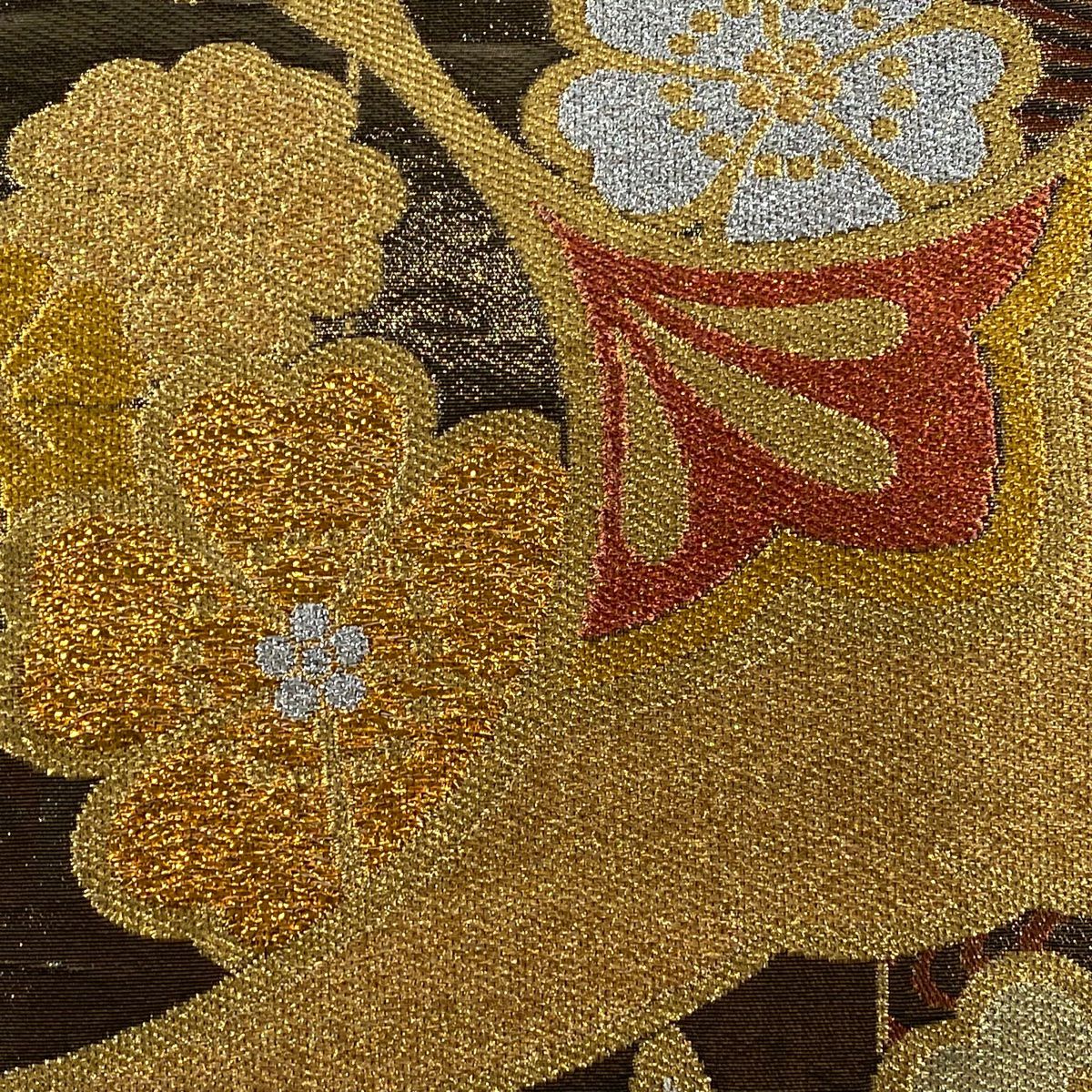 【美品】 袋帶 秀品級 仙鶴 櫻花 金糸 金金箔 紅茶 六通 純蠶絲