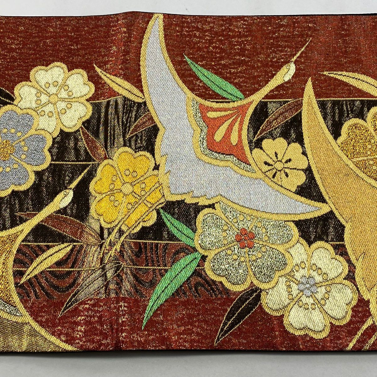 【美品】 袋帶 秀品級 仙鶴 櫻花 金糸 金金箔 紅茶 六通 純蠶絲
