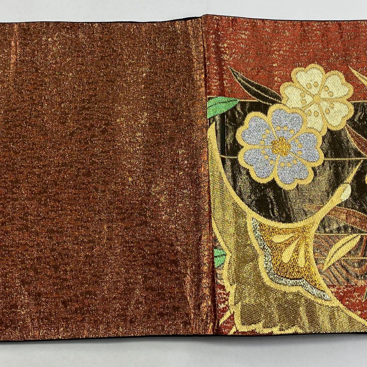 【美品】 袋帶 秀品級 仙鶴 櫻花 金糸 金金箔 紅茶 六通 純蠶絲