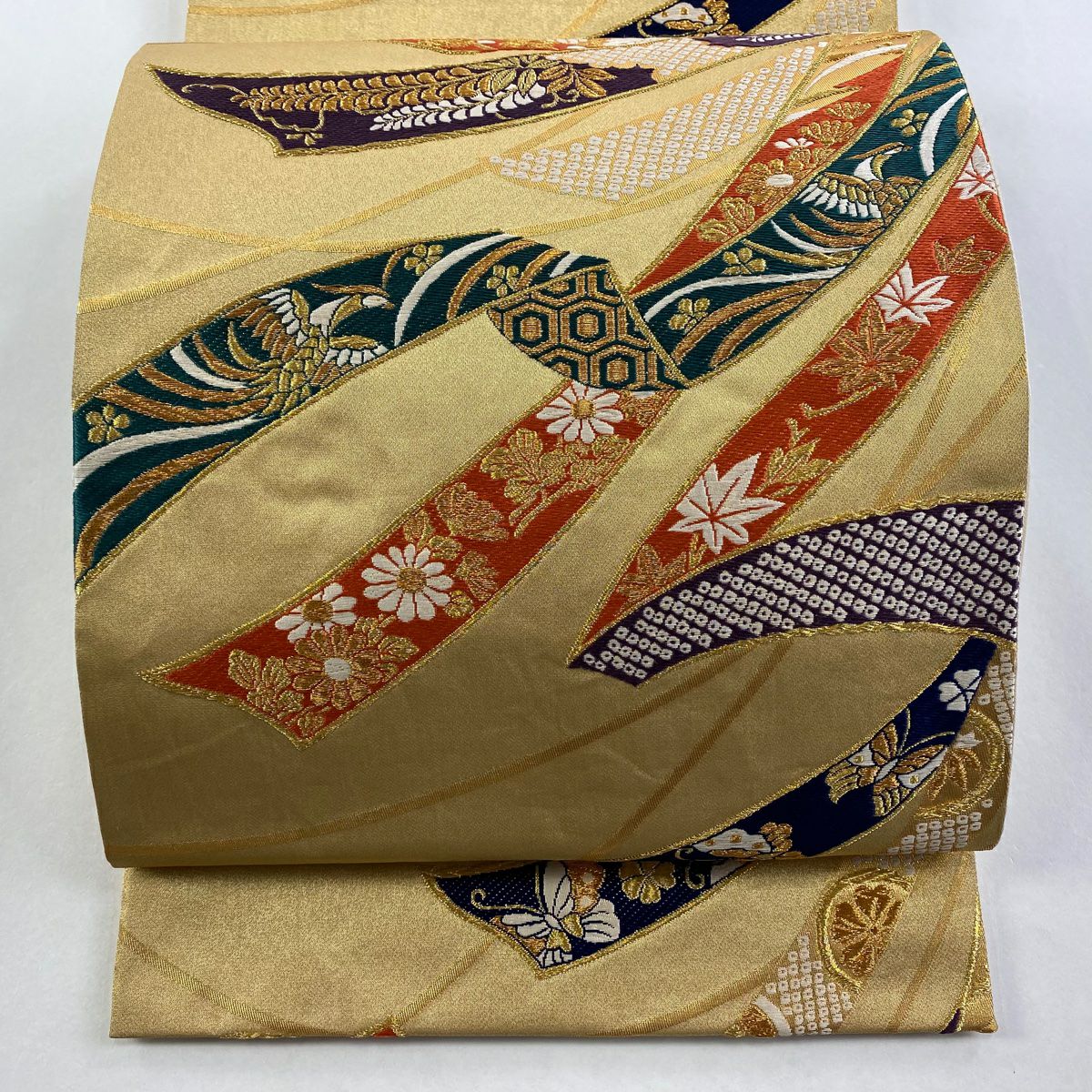 袋帶 秀品級 熨斗紋 鳳凰 金絲 金金箔 金 六通 純蠶絲