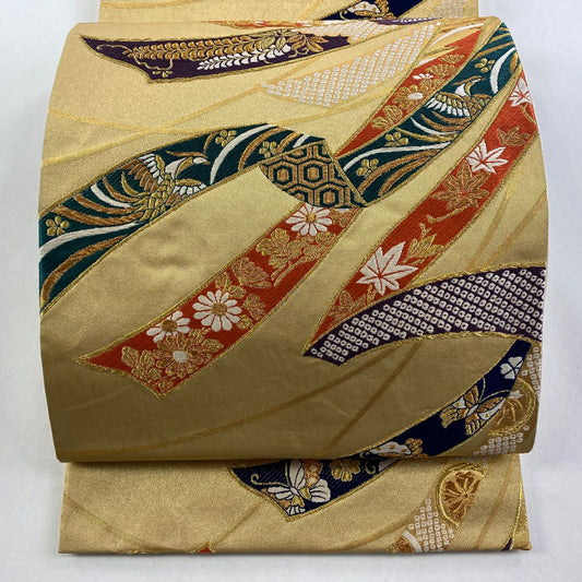 袋帶 秀品級 熨斗紋 鳳凰 金絲 金金箔 金 六通 純蠶絲