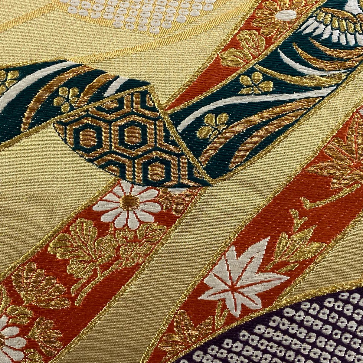 袋帶 秀品級 熨斗紋 鳳凰 金絲 金金箔 金 六通 純蠶絲