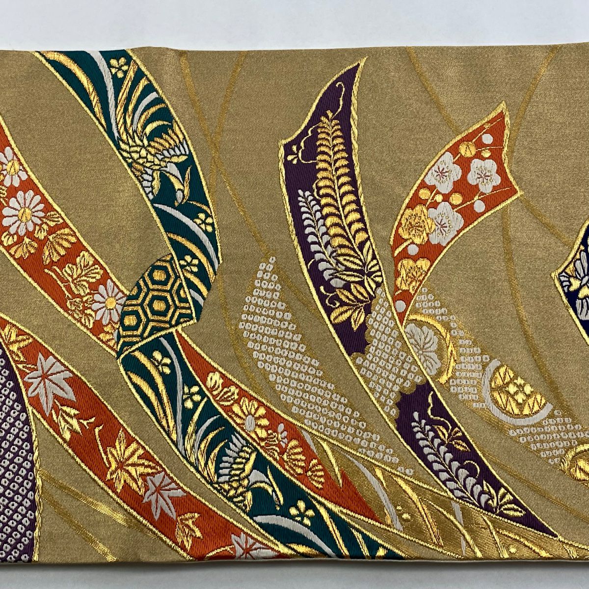 袋帶 秀品級 熨斗紋 鳳凰 金絲 金金箔 金 六通 純蠶絲