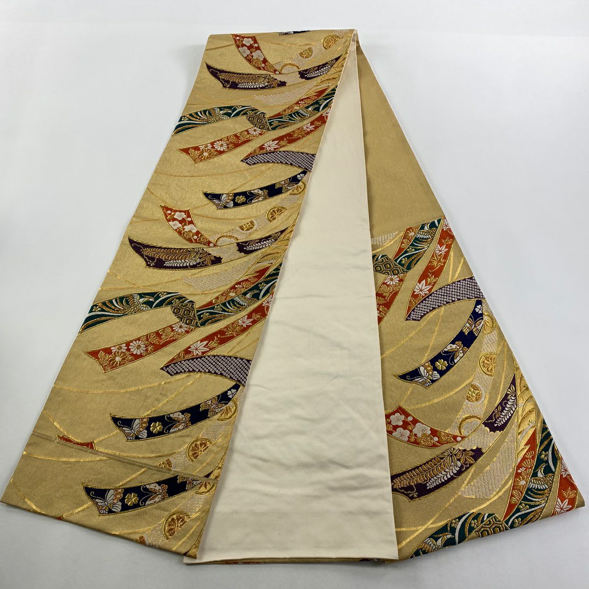 袋帶 秀品級 熨斗紋 鳳凰 金絲 金金箔 金 六通 純蠶絲