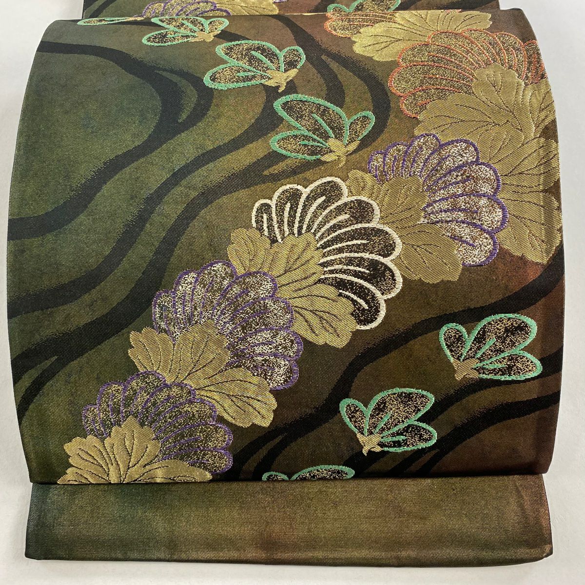 【美品】 袋帶 秀品級 草花紋紋 波 金金箔 金絲 茶綠 六通 純蠶絲