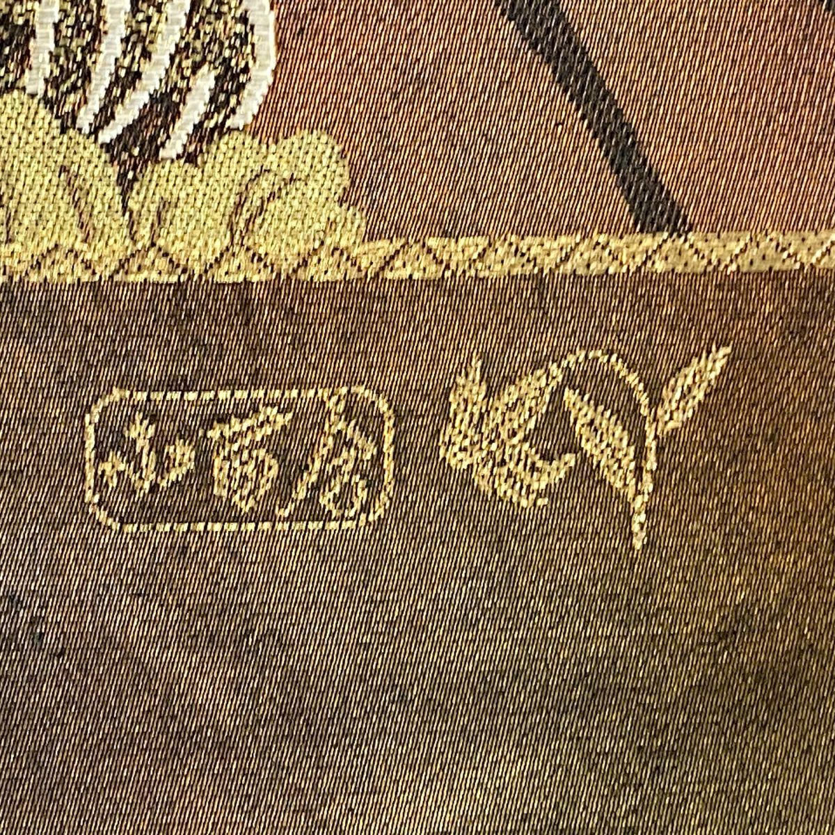 【美品】 袋帶 秀品級 草花紋紋 波 金金箔 金絲 茶綠 六通 純蠶絲