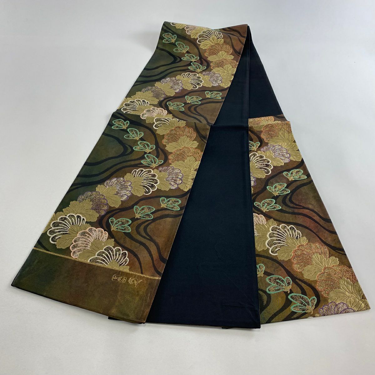 【美品】 袋帶 秀品級 草花紋紋 波 金金箔 金絲 茶綠 六通 純蠶絲