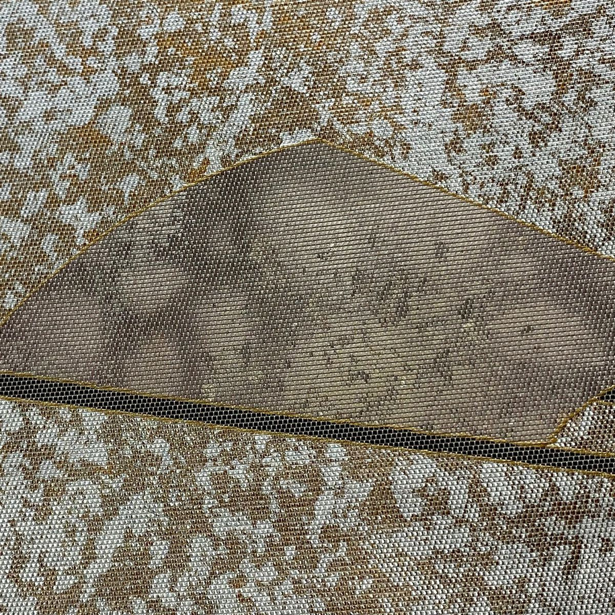 袋帶 秀品級 鴛鴦 扇子 金金箔 螺鈿金金箔 薄茶 純蠶絲